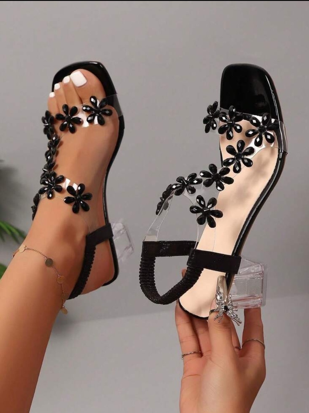 Women's Fashion Square Toe Transparent Heel Sandals size 8